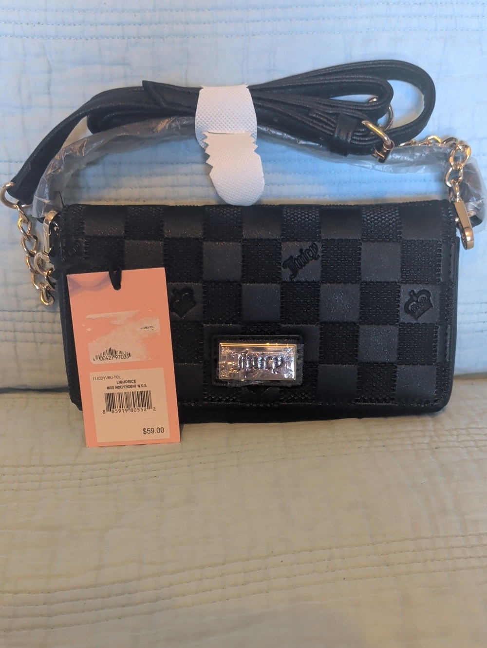 Juicy Couture Black Checkered Crossbody Wallet with Crystal Plate